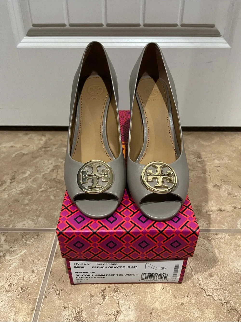 Tory Burch Gray Peep-Toe Wedges with Gold Logo